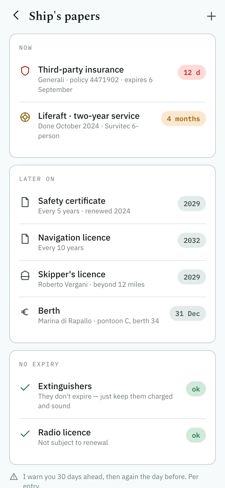 Insurance, safety certificate, liferaft, licences — each with its own reminder.